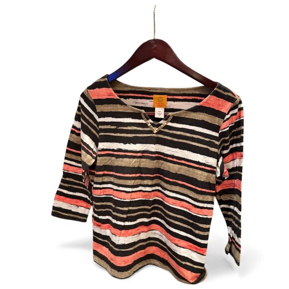 Ruby Rd. Women’s Striped V-Neck Top – 3/4 Sleeve Size Petite Medium - Picture 1 of 5
